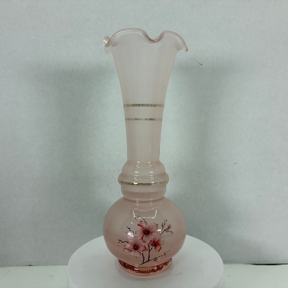 Vintage Pink Satin Frosted Glass Bud Vase Hand Painted Floral Ruffled Rim 6.75"